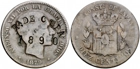 Cuba. 9,56 g. Resello RA DE CUBA 1890, sobre 10 céntimos de Barcelona 1879 . Ex Áureo 02/06/2004, nº 780. (BC).