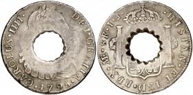 (1798). Dominica. Administración Británica. (Kr. 3.4). 23,37 g. Taladro central cercenado, para circular como 11 bits. Sobre un real de a 8 de Lima 17...