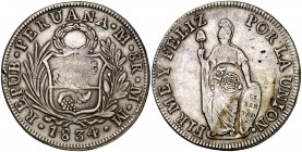 (1834-1837). Filipinas. (De Mey 1001) (Kr. 138.2). 26,90 g. Resello YII bajo corona, sobre un real de a 8 de Perú 1834, Lima MM. MBC-.