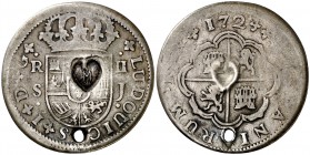 Martinica. (De Mey 864). 4,70 g. Resello M dentro de corazón, sobre un real de a 2 de Sevilla 1724 J, de Luis I. Perforación. Ex Áureo 19/12/2006, nº ...