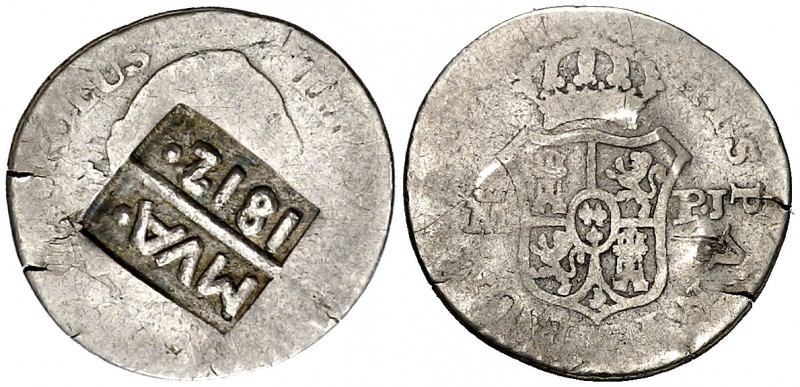 México. (De Mey 906). 1,26 g. Resello falso: MVA/1812, sobre 1/2 real de Carlos ...