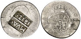 México. (De Mey 906). 1,26 g. Resello falso: MVA/1812, sobre 1/2 real de Carlos IV Madrid PJ. BC-.