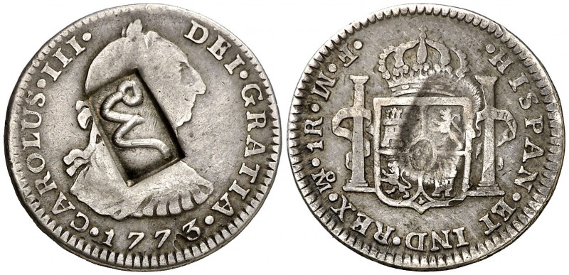 México. (De Mey 888). 3,21 g. Resello en cartela, de Morelos, sobre 1 real de Mé...