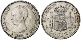 1892*22. Alfonso XIII. PGM. 50 céntimos. (Cal. 56). 2,51 g. Bella. Escasa y más así. EBC/EBC+.