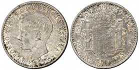 1896. Alfonso XIII. Puerto Rico. PGV. 10 centavos. (Cal. 85). 2,51 g. Bella pátina. EBC-.