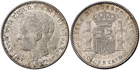 1895. Alfonso XIII. Puerto Rico. PGV. 20 centavos. (Cal. 84). 4,97 g. Bella. Parte de brillo original. Escasa así. EBC.