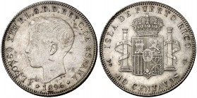 1896. Alfonso XIII. Puerto Rico. PGV. 40 centavos. (Cal. 83). 9,96 g. Rara así. EBC-.