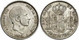 1884. Alfonso XII. Manila. 50 centavos. (Cal. 84). 12,79 g. Rara. MBC+.