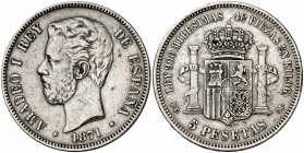 1871*1873. Amadeo I. DEM. 5 pesetas. (Cal. 9). 24,75 g. Rara. MBC-.