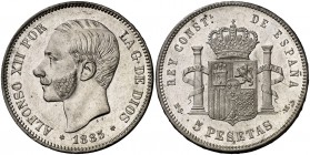 1885*1887. Alfonso XII. MSM. 5 pesetas. (Cal. 42). 25 g. Leves golpecitos. Parte de brillo original. Escasa así. EBC+.
