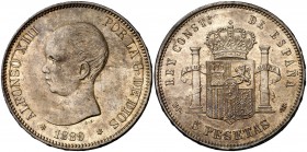 1889*1889. Alfonso XIII. MPM. 5 pesetas. (Cal. 14). 24,92 g. Tipo "pelón". Mínimas rayitas. Bella. Preciosa pátina. Escasa así. EBC.