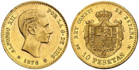 1878*1878. Alfonso XII. EMM. 10 pesetas. (Cal. 23). 3,23 g. Golpecito en canto. Bella. Brillo original. Escasa así. EBC.
