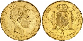 1897*1897. Alfonso XII. SGV. 100 pesetas. (Cal. 1). 32,21 g. Rayitas. (EBC-).