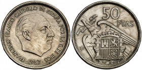 1957*58. Estado Español. 50 pesetas. (Cal. 29). 12,40 g. UNA-LIBRE-GRANDE. Rara y más así. EBC-.
