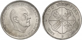 1966*1969. Estado Español. 100 pesetas. (Cal. 15). 19 g. 9 recto. Ex Colección Leunda 30/11/2011, nº 648. Muy escasa. EBC+.