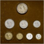 1968. 10, 50 céntimos, 1, 2,50, 5, 25, 50 y 100 pesetas. (Cal. 140). Procedentes de tira de la FNMT. En estuche. Raras. Proof.