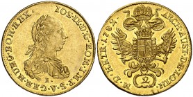1782. Austria. José II. E (Karlsburg). 2 ducados. (Fr. falta) (Kr. 1875). 6,96 g. AU. Bella. Ex Stack's 04-05/03/1988, nº 1020. Rara. EBC.