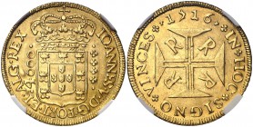 1716. Brasil. Juan V. R (Río). 1 moeda (4000 reis). (Fr. 27) (Gomes 102.15). AU. En cápsula de la NGC como MS61. Bella. Rara. EBC.