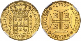 1719. Brasil. Juan V. B (Bahía). 1 moeda (4000 reis). (Fr. 30) (Gomes 103.06). AU. En cápsula de la NGC como MS61. Muy bella. Rara así. EBC+.