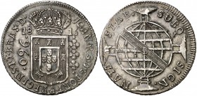 1816. Brasil. Juan, Príncipe regente. B (Bahía). 960 reis. (Kr. 307.1). 26,31 g. AG. Acuñada sobre un 8 reales español, ceca Cádiz. Rara. EBC.
