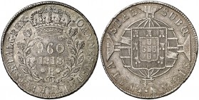 1818. Brasil. Juan VI. R (Río). 960 reis. (Kr. 326.1). 26,61 g. AG. Acuñada sobre un 8 reales español, ceca México. MBC+.