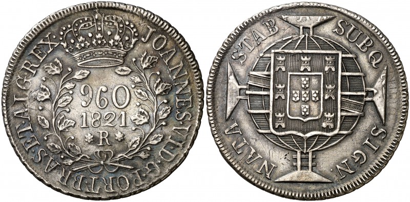 1821. Brasil. Juan VI. R (Río). 960 reis. (Kr. 326.1). 26,61 g. AG. Acuñada sobr...