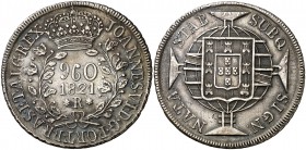 1821. Brasil. Juan VI. R (Río). 960 reis. (Kr. 326.1). 26,61 g. AG. Acuñada sobre un 8 reales español. EBC-.
