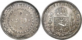 1826. Brasil. Pedro I. R (Río). 960 reis. (Kr. 368.1). 26,80 g. AG. Acuñada sobre un 8 reales español. EBC-.