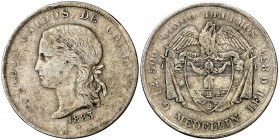 1883. Colombia. Medellín. 5 décimas. (Kr. 161.1). 12,06 g. AG. Rara. MBC-.