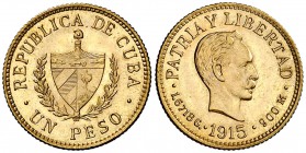 1915. Cuba. 1 peso. (Fr. 7) (Kr. 16). 1,67 g. AU. Bella. Precioso color. Rara así. S/C.