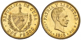 1916. Cuba. 2 pesos. (Fr. 6) (Kr. 17). 3,35 g. AU. Bella. Brillo original. S/C-.