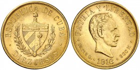 1916. Cuba. 10 pesos. (Fr. 3) (Kr. 20). 16,74 g. AU. Leves marquitas. Bella. Precioso color. S/C-.