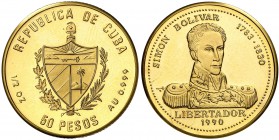 1990. Cuba. 50 pesos. (Fr. 44) (Kr. 214). 15,45 g. AU. Simón Bolívar. Libertador. Acuñación de 15 ejemplares. En carterita original con certificado. R...