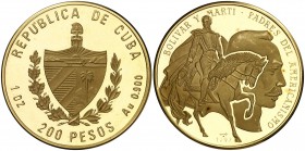 1993. Cuba. 200 pesos. (Fr. 76) (Kr. 542). 31,13 g. AU. Bolívar y Martí. Acuñación de 100 ejemplares. Rara. Proof.