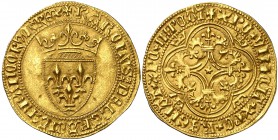 Francia. Carlos VI (1380-1422). 1 écu d'or à la couronne. (Fr. 291). 4,02 g. AU. Bella. Rara así. EBC+.