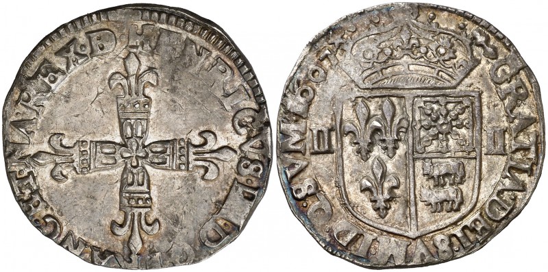 1607. Francia. Enrique IV. Pau. 1/4 ecu. (Kr. 1.1). 9,52 g. AG. Bella. Rara así....