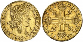 1641. Francia. Luis XIII. A (París). 1 luis de oro. (Fr. 410) (Kr. 104). 6,72 g. AU. Mínimas impurezas. Bella. Ex Künker 24/05/2015, nº 3069. Rara y m...