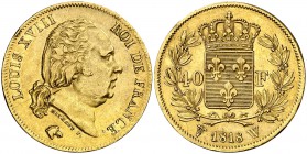 1818. Francia. Luis XVIII. W (Lille). 40 francos. (Fr. 536) (Kr. 713.6). 12,91 g. AU. Golpecitos. EBC-.