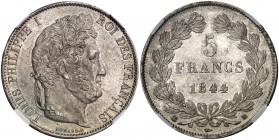 1844. Francia. Luis Felipe I. BB (Estrasburgo). 5 francos. (Kr. 749.2). AG. En cápsula de la NGC como MS63. Muy bella. Rara así. S/C-.