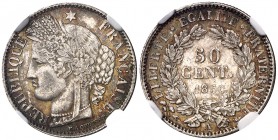 1850. Francia. II República. A (París). 50 céntimos. (Kr. 769.1). AG. En cápsula de la NGC como MS64. Muy bella. Rara así. EBC+.