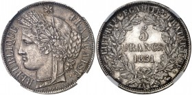 1851. Francia. II República. A (París). 5 francos. (Kr. 761.1). AG. En cápsula de la NGC como MS63. Bella. Rara así. EBC+.