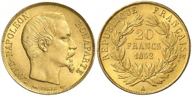 1852. Francia. Luis Napoleón. A (París). 20 francos. (Fr. 568) (Kr. 774). 6,46 g. AU. Bella. EBC+.