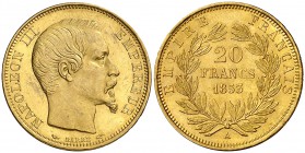 1853. Francia. Napoleón III. A (París). 20 francos. (Fr. 573) (Kr. 781.1). 6,43 g. AU. Bella. EBC+.