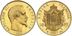 1857. Francia. Napoleón III. A (París). 50 francos. (Fr. 571) (Kr. 785.1). 16,10 g. AU. Muy bella. S/C-.