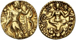 Imperio Gupta. Chandragupta II (hacia 380-414 d.C.). Estatera de oro. (Mitch. A. & C. N. 4796 ss). 7,69 g. AU. Bella, acuñación muy cuidada. EBC-.