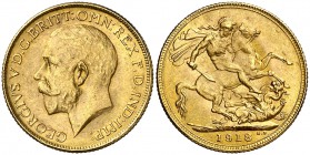 1918. India Británica. Jorge V. I. 1 libra. (Fr. 1609) (Kr. 525A). 7,99 g. AU. Escasa. EBC.