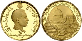 1969. Jordania. Hussein II. 25 dinars. (Fr. 1) (Kr. 27). 69,20 g. AU. Cúpula de la Roca, Jesusalén. Con certificado. Rara. Proof.