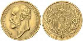 1898. Liechtenstein. Juan II. 20 coronas. (Fr. 12) (Kr. 6). 6,78 g. AU. Acuñación de 1500 ejemplares. Bella. Ex Áureo & Calicó 28/05/2014, nº 3321. Ra...