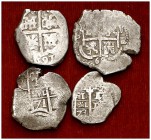 Lote formado por 1 y 2 (dos) reales de Potosí y 2 reales de Sevilla, todos con fechas visibles. Total 4 monedas. BC/BC+.