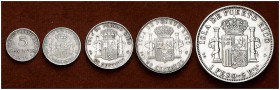 1895 y 1896. Alfonso XIII. Puerto Rico. PGV. 5, 10, 20, 40 centavos y 1 peso. Lote de 5 monedas, serie completa. MBC-/MBC+.